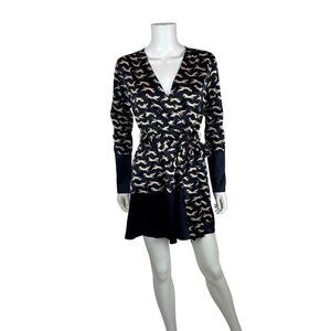 Guess by Marciano Fox Print Dress Womens XS Navy Blue Tie Belt Satin Mini